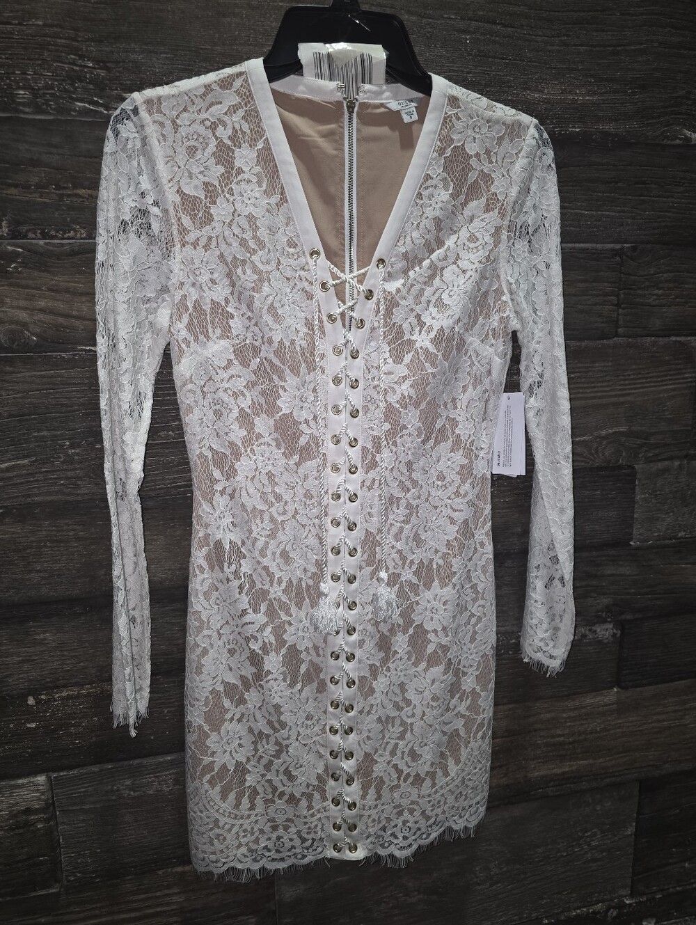 The Jetset Diaries White Lace Bell Sleeve Lace Up Neckline Sheath Dress